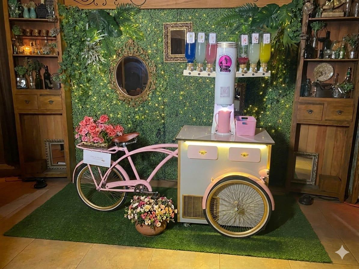 Pink Berry Bike com decoração floral em ambiente rústico